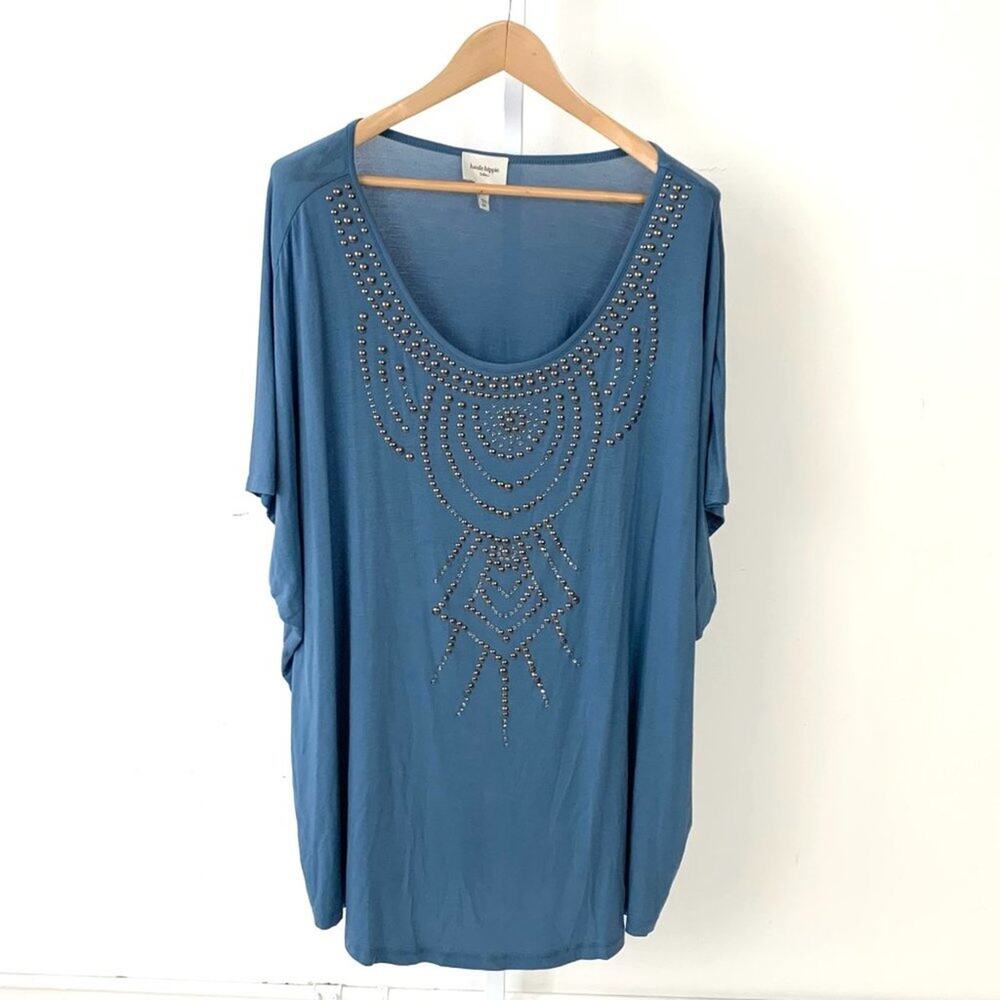 Haute Hippie  2X Plus Tribe Studded T Shirt Short Sleeve Tunic Top Stretch Blue